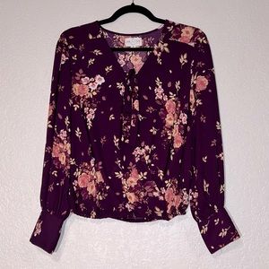Jun & Ivy Medium Purple Floral Long Sleeve Wrap Blouse with Button Detail Wrists
